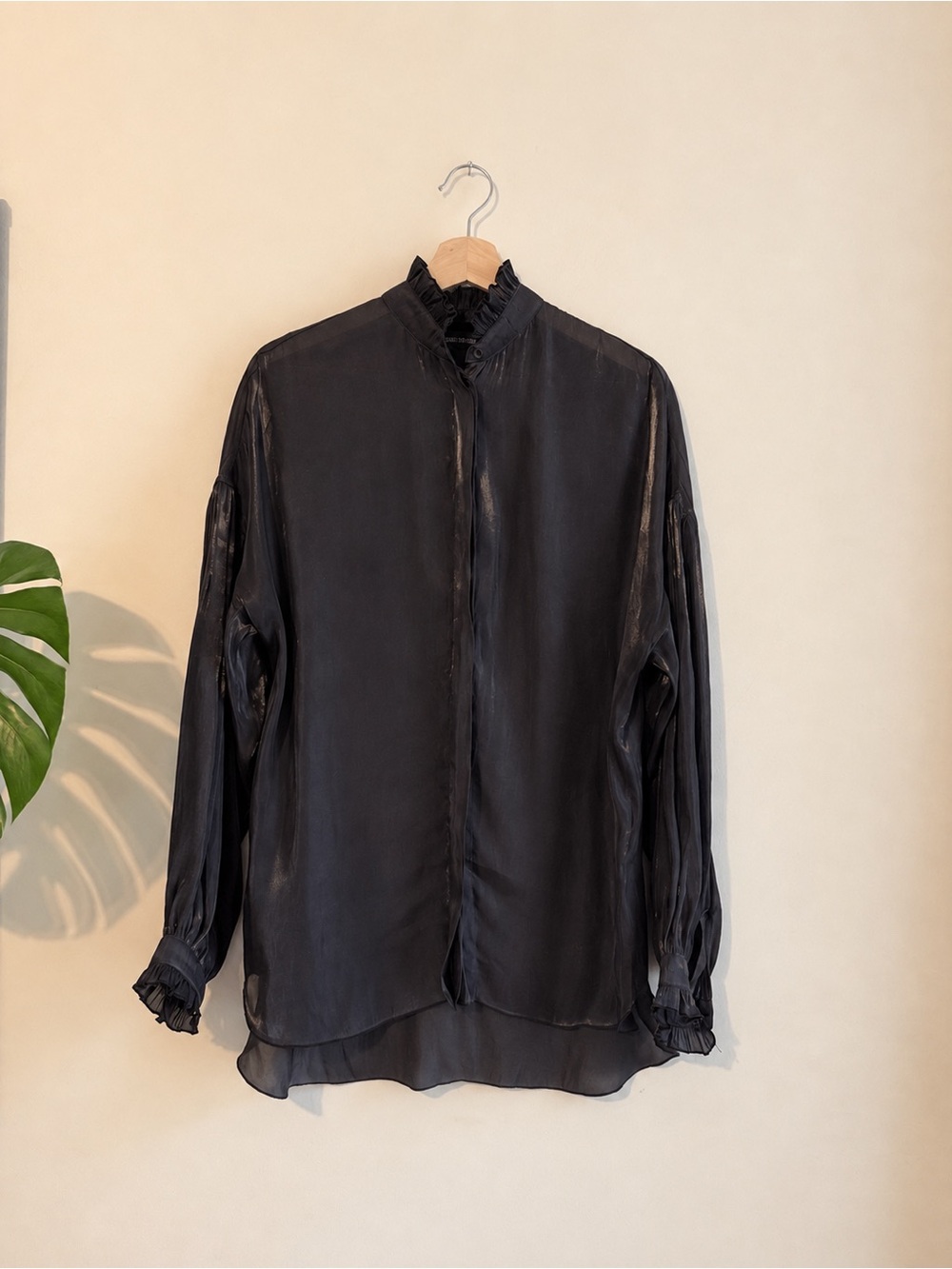 Sheer Ruffle-Neck Long Sleeve Blouse - Charcoal